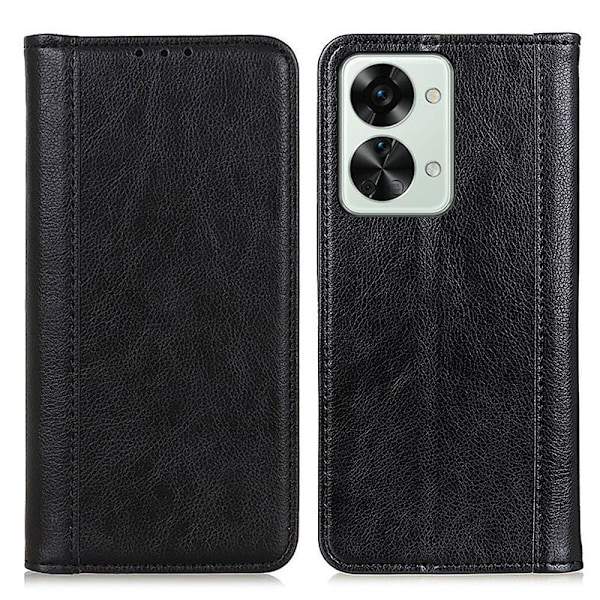 Äkta läder OnePlus Nord 2T fodral med magnetisk stängning Svart