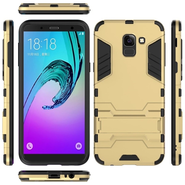 Samsung Galaxy J6 (2018) etui i kombimaterialer med hård plastikskal og indbygget stativ - Guld Gold