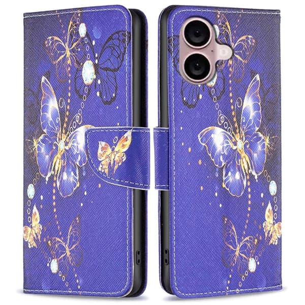 Wonderland iPhone 16 Plus flip-etui - Lilla Sommerfugler Purple