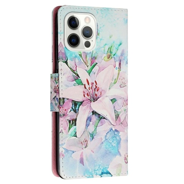 Vegansk lædermønstertryk til iPhone 14 Pro Max, Cross Texture Stand Wallet Folio Flip Phone Cover med håndrem - To Heste Multicolor