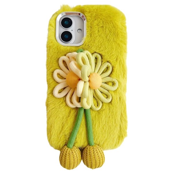 iPhone 16 Plus Case Two Flowers Decor Outer Fluffy Plush Inner Flexible Phone Cover - Green Green