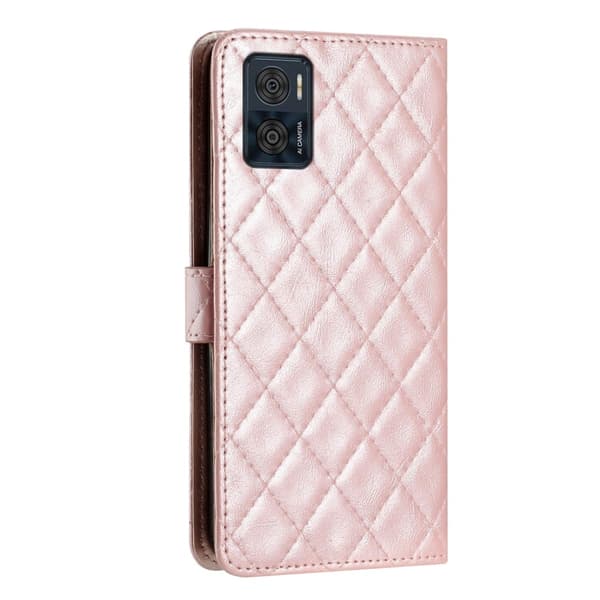Funktionelt Motorola Moto E22 rombe etui med pung Pink