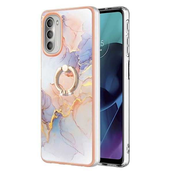 Marble Patterned Suojakuori With Ring Holder For Motorola Moto G51 5G - Milky Way Marble White Multicolor