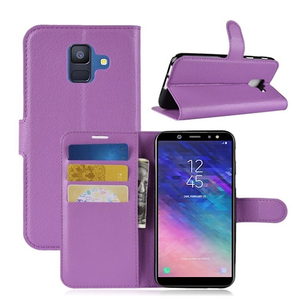 Samsung Galaxy A6 litchi skin magnetisk læder flip cover - Lilla Purple