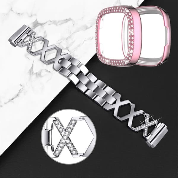 Fitbit Sense / Versa 3 X-formet klokkerem med rhinestone-dekorasjon og rosa deksel - Sølv Silver grey
