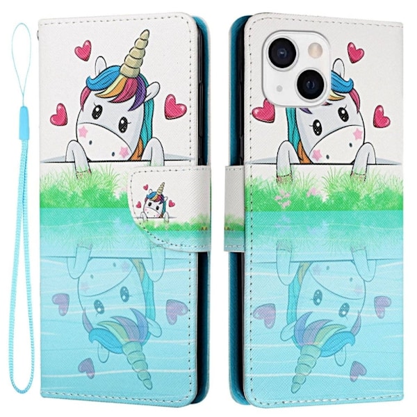 Wonderland iPhone 14 flip etui - Hjerteform / Hest Blue