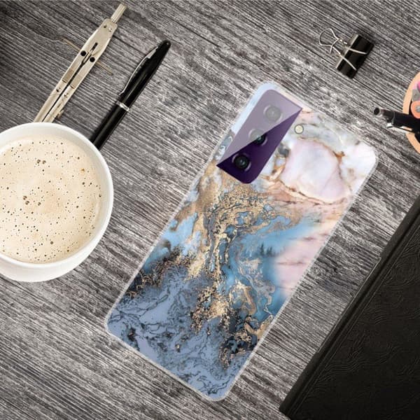 Marmormotiv Samsung Galaxy S21 FE skal - Blåaktig Guldmarmor multifärg