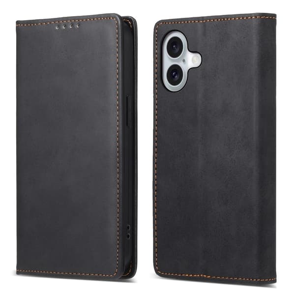 DF-05 iPhone 16 Fodral Veganläder RFID Blockerande Telefonskal - Svart Svart