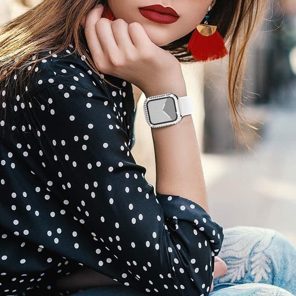 Apple Watch 44mm rhinestone décor cover + tempered glass - Silver Silvergrå