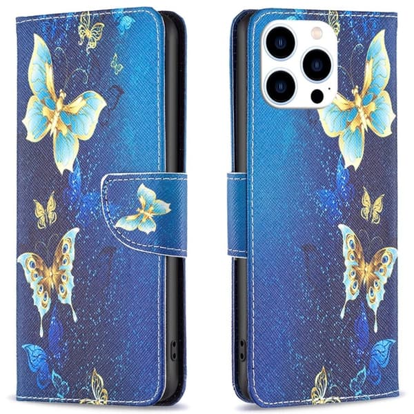 Wonderland iPhone 16 Pro flip etui - Gyldne Sommerfugle Blue