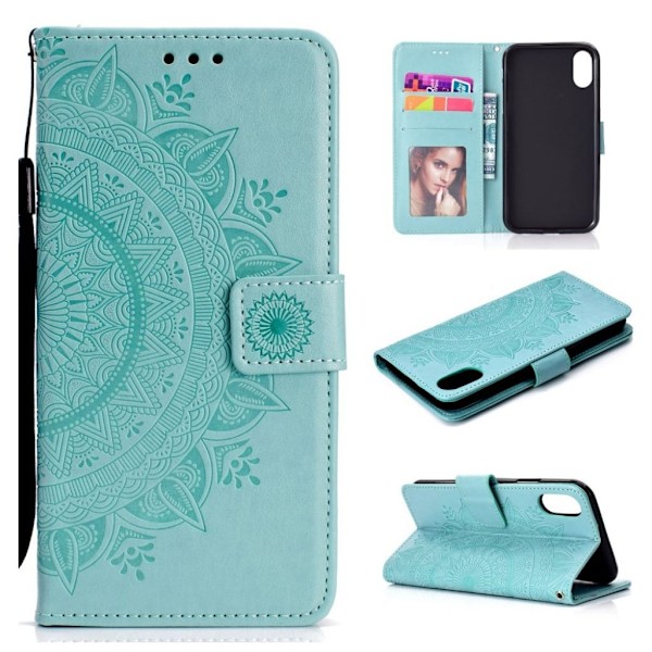 iPhone Xr flip case i læder med Mandala-mønster - Cyan Green