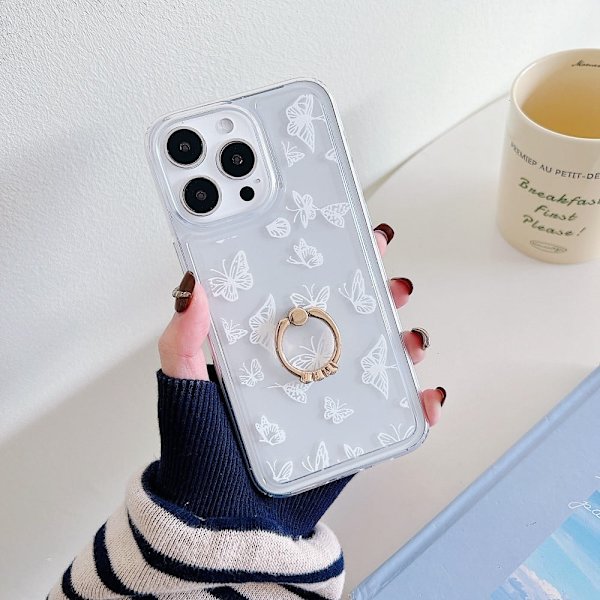 Marmormønstret deksel med ringholder for iPhone 15 Pro Max - Style E White