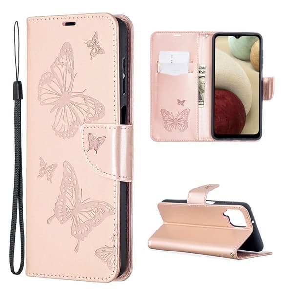 Butterfly läder Samsung Galaxy A12 5G fodral - Rosa Rosa