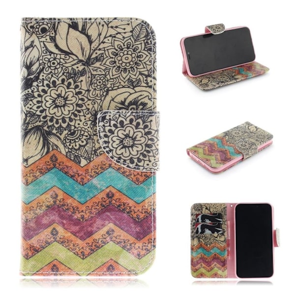 iPhone Xr mønstret læder flip cover - Retro Blomster Multicolor
