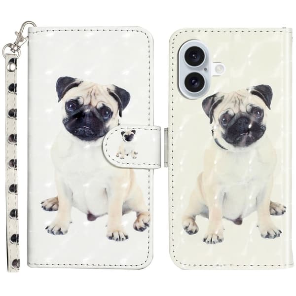 iPhone 16 Läderfodral Flipp plånbok Telefonskal Magnetlås 3D-mönster tryckt - Hund Vit