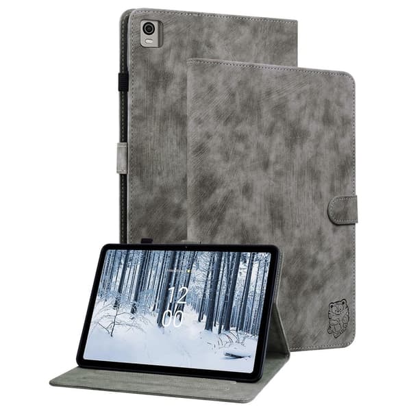 Nokia T21 sødt tigermønster læder flip cover - Grå Silver grey