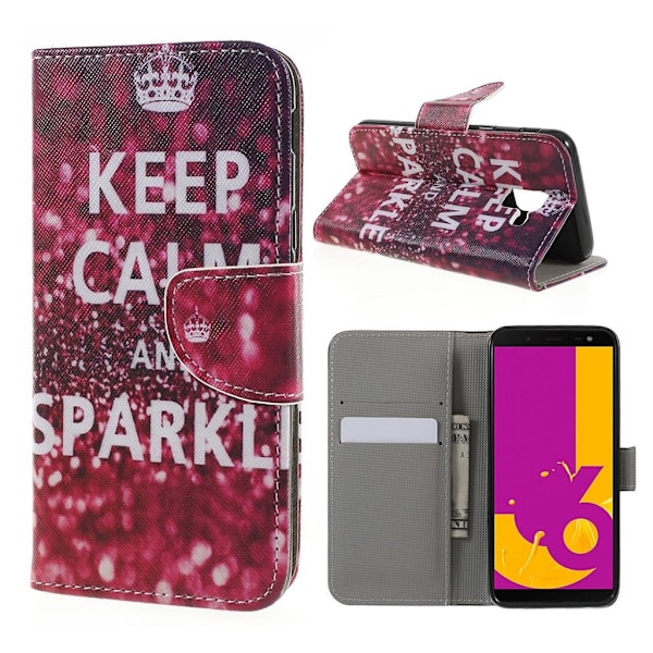 Samsung Galaxy J6 Kuvallinen Seisova PU Nahkinen Suojaava Lompakko Kotelo - Keep Calm Teksti Multicolor