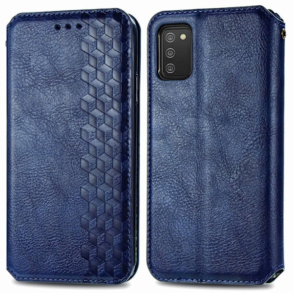 Samsung Galaxy A02s læderetui med stilfuldt rombe aftryk - Blå Blue