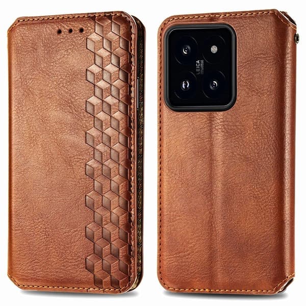 Läder Xiaomi 14 Pro fodral med romb-design - Brun Brun
