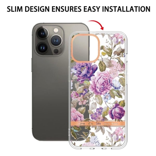 LB5-serien Blomstermønster Galvanisering IMD IML Shockrpoof Fleksibel telefonhylster iPhone 13 Pro 6.1 tommer - Lilla Pæon Purple