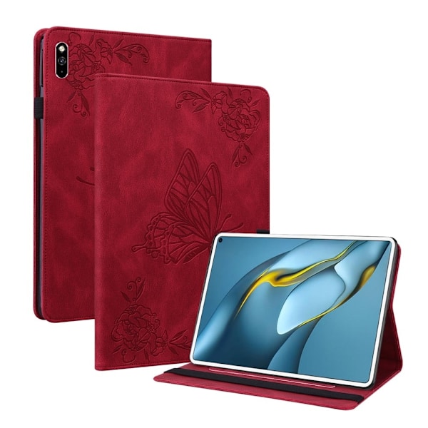 Huawei MatePad Pro 10.8 (2021) läderfodral med fjärilsblommönster - Röd Röd
