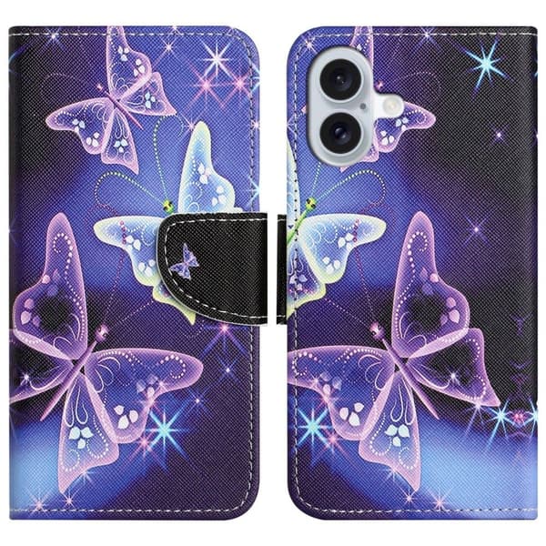 Wonderland iPhone 16 Plus flip-etui - Glitrende Sommerfugl Purple