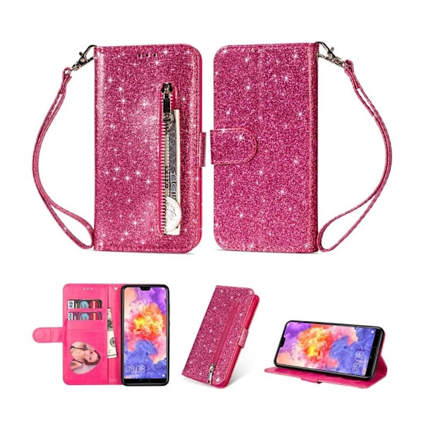 Huawei P20 Pro mobiletui i kunstlæder med glitter og kortholder - Rosa Pink