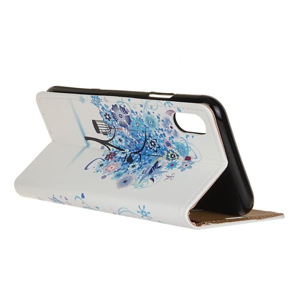 iPhone Xs Max mønstret læder flip cover - Blå Blomster Træ Fuglebur Multicolor