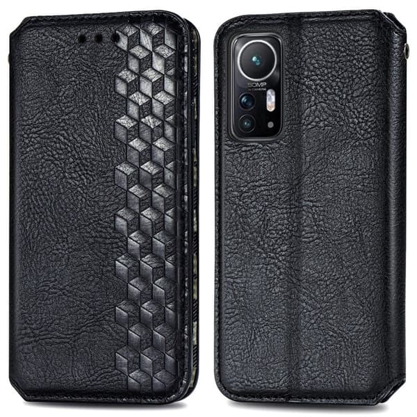 Læder Etui med A Stilfuldt Rhombus Tryk til Xiaomi 12 / 12x - Sort Black