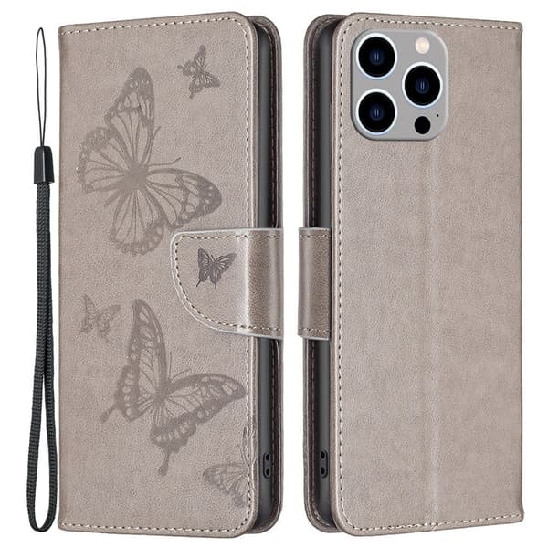 Butterfly iPhone 14 Pro Max nahkakotelo - Harmaa Silver grey