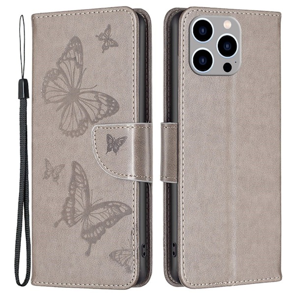 Butterfly läder iPhone 14 Pro Max fodral - Silver/Grå Silvergrå