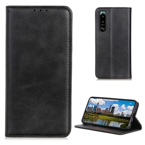 Wallet-style ægte Læder Flipcase til Sony Xperia 5 III - Sort Black