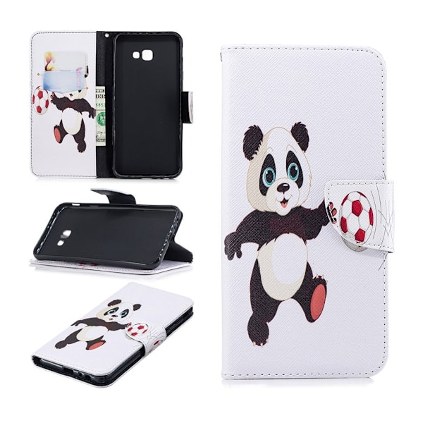 Samsung Galaxy J4 Plus (2018) kuviollinen synteetti nahkainen lompakko suojakotelo - Jalkapallo Panda Multicolor