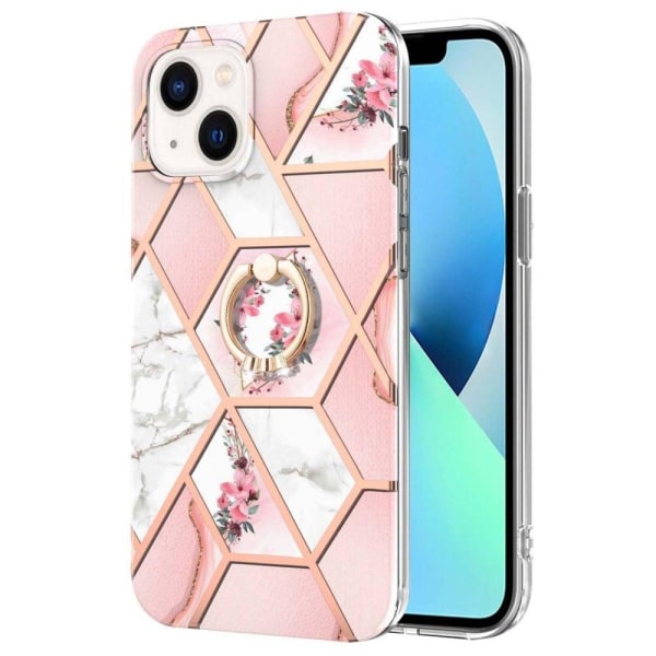 Marble Patterned Suojakuori With Ring Holder For iPhone 14 - Pin Pink