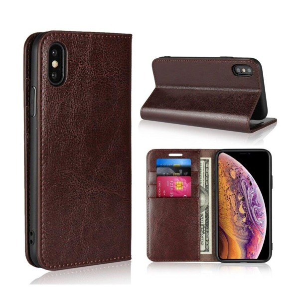 iPhone XS plånboks mobilfodral av vildhäst syntetläder - Kaffe Brun