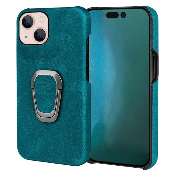 Shockproof Läder Skal med Oval Kickstand till iPhone 14 Plus - Mörkgrön Grön