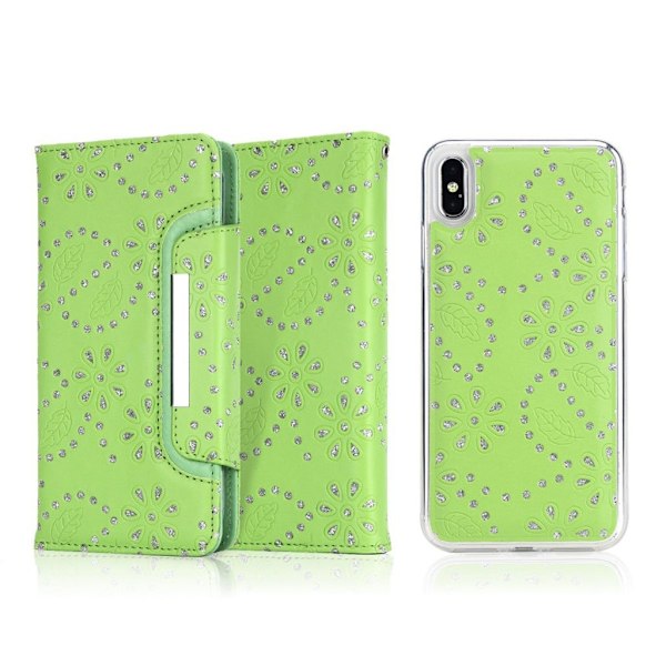 iPhone Xs Max Kimalteleva timantti koristeltu synteetti nahkainen lompakko suojakotelo - Vihreä Green