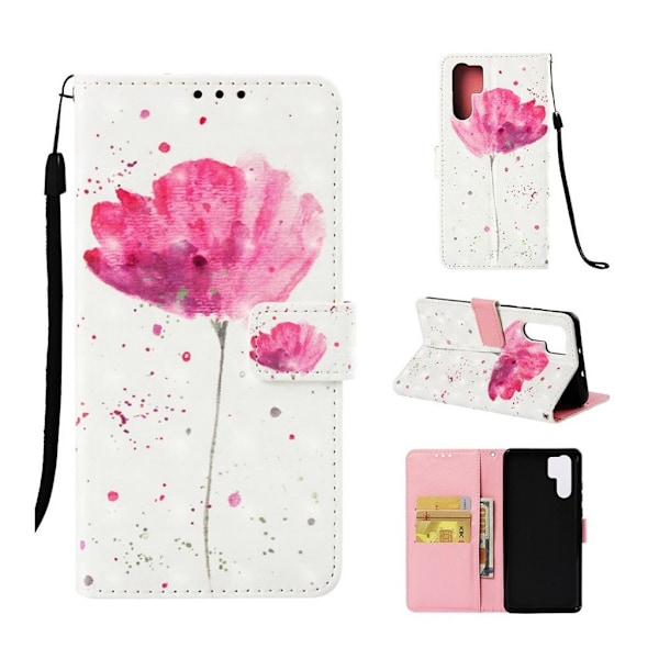 Huawei P30 Pro lysspot læder flip etui - Rød Blomst Red