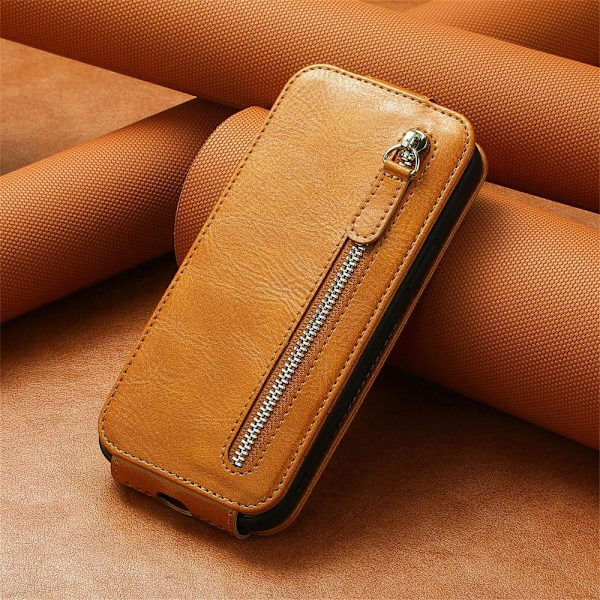 Vertical Flip Phone Etui med Zipper til Samsung Galaxy A14 - Brun Brown