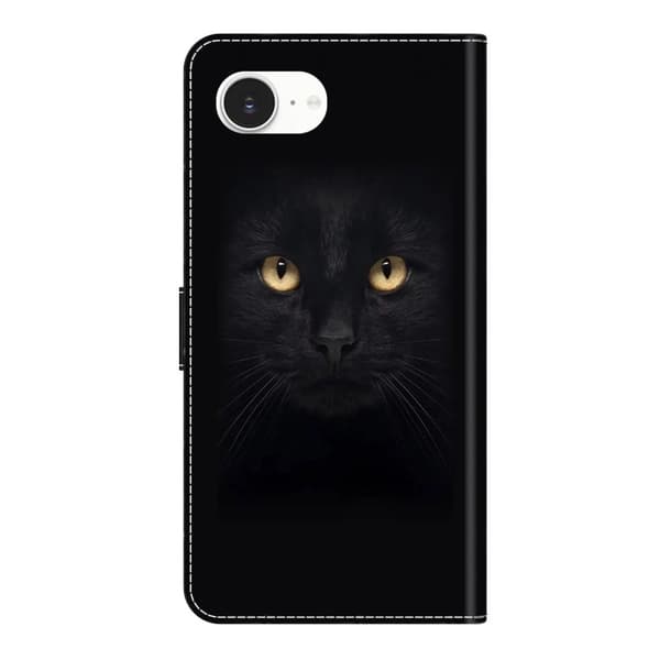iPhone 16e Etui med magnetisk lås 3D-mønster Læderpung Telefoncover - Sort Kat Black