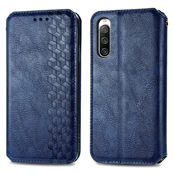 Læder Etui med A Stilfuldt Rhombus Tryk til Sony Xperia 10 IV - Blå Blue