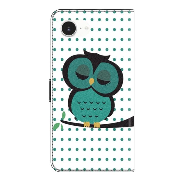 iPhone 16e Etui med magnetisk lås 3D-mønster Læderpung Telefoncover - Sovende Ugle Green
