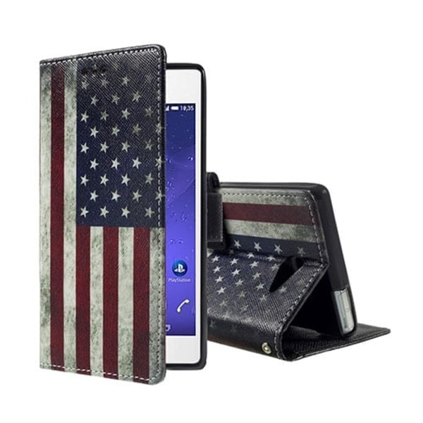 Moberg læder-etui til Sony Xperia M2 Aqua med opkaldsfunktion og stander - Gammelt Stars and stripes flag Multicolor
