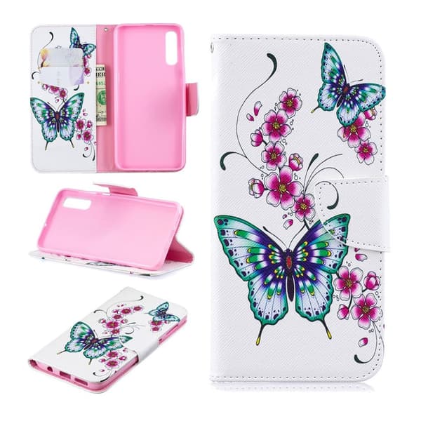 Samsung Galaxy A50 mønster læretui - Butterfly og Flower Multicolor