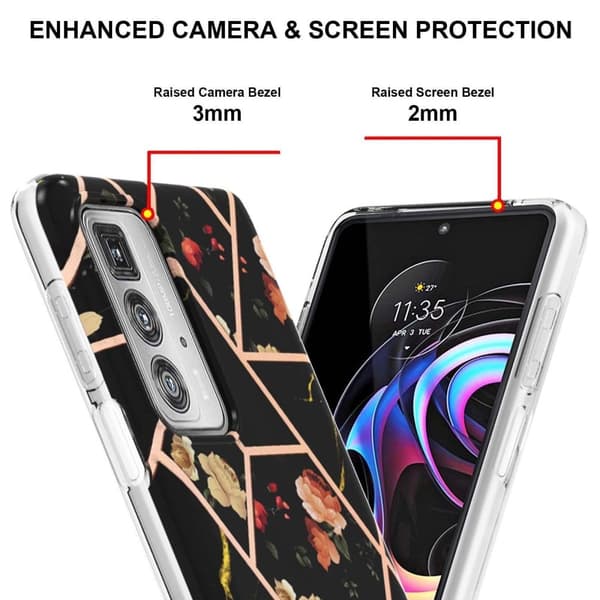 Marble Motorola Edge 20 Pro Suojakotelo - Black Flowers Multicolor
