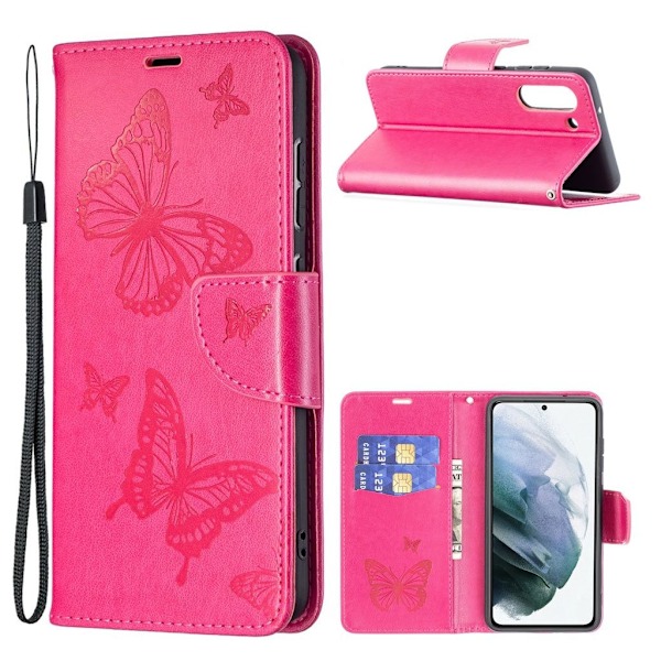 Butterfly läder Samsung Galaxy S21 FE fodral - Rosa Rosa