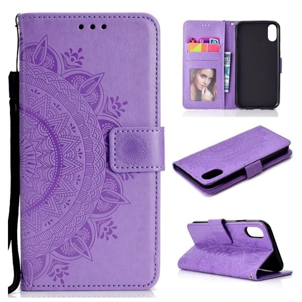 iPhone Xr flip cover i læder med Mandala-mønster - Lilla Purple