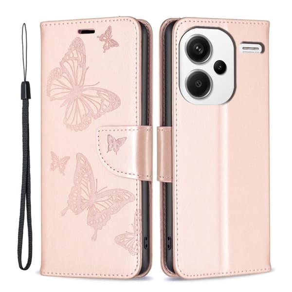 Butterfly läder Xiaomi Redmi Note 13 Pro Plus fodral - Roséguld Rosa