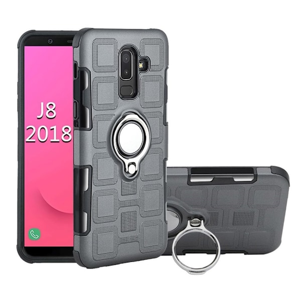 Samsung Galaxy J8 (2018) mobilskal plast silikon ringhållare utfällbart ben magnetiska bilhållare - Grå Silvergrå