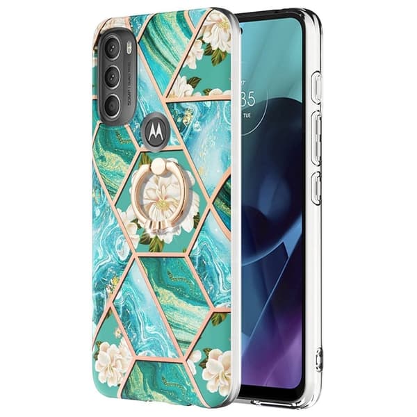 Marble Mønstret Deksel med Ring Holder til Motorola Moto G71 5G - Blåe Blomster Blue